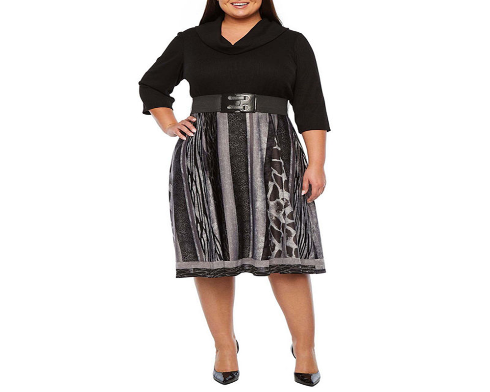 Robbie Bee Plus Size Feminino Canelado Top Cinto Estampa Animal Vestido Preto/Cinza Tamanho 3X