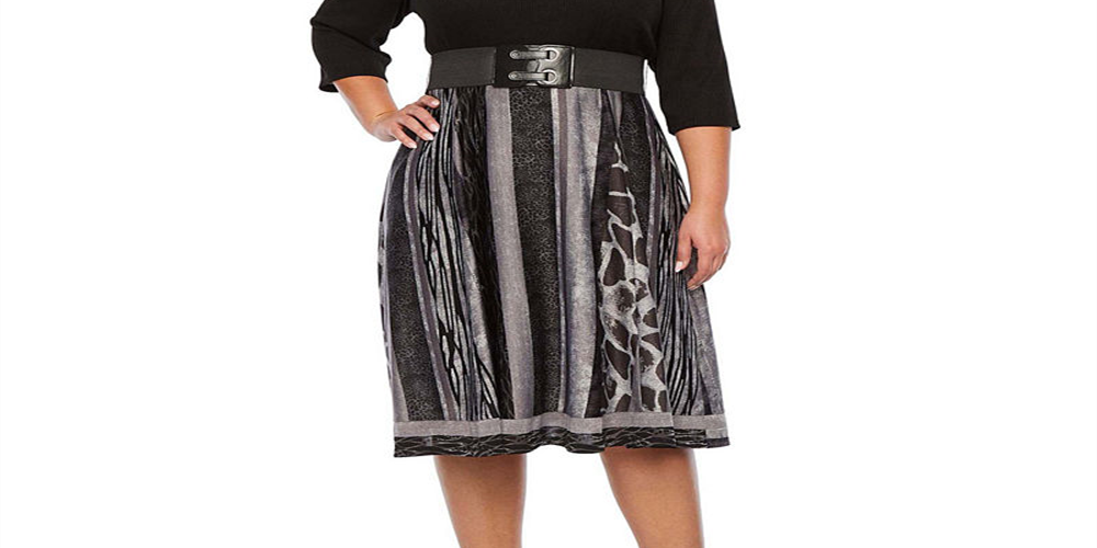 Robbie Bee Plus Size Feminino Canelado Top Cinto Estampa Animal Vestido Preto/Cinza Tamanho 3X