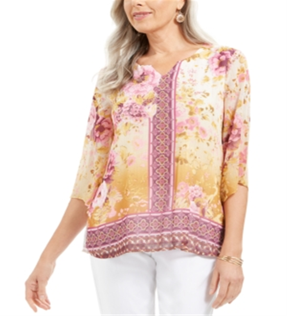 Blusa feminina com estampa floral da coleção JM, amarela, tamanho pequeno, médio