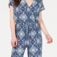 Macacão feminino de malha franzida com cintura marcada e manga curta com decote em V, estilo &amp; co, azul, tamanho extragrande