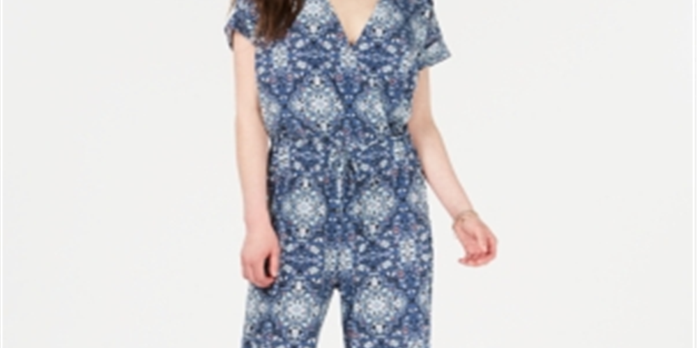 Macacão feminino de malha franzida com cintura marcada e manga curta com decote em V, estilo &amp; co, azul, tamanho extragrande