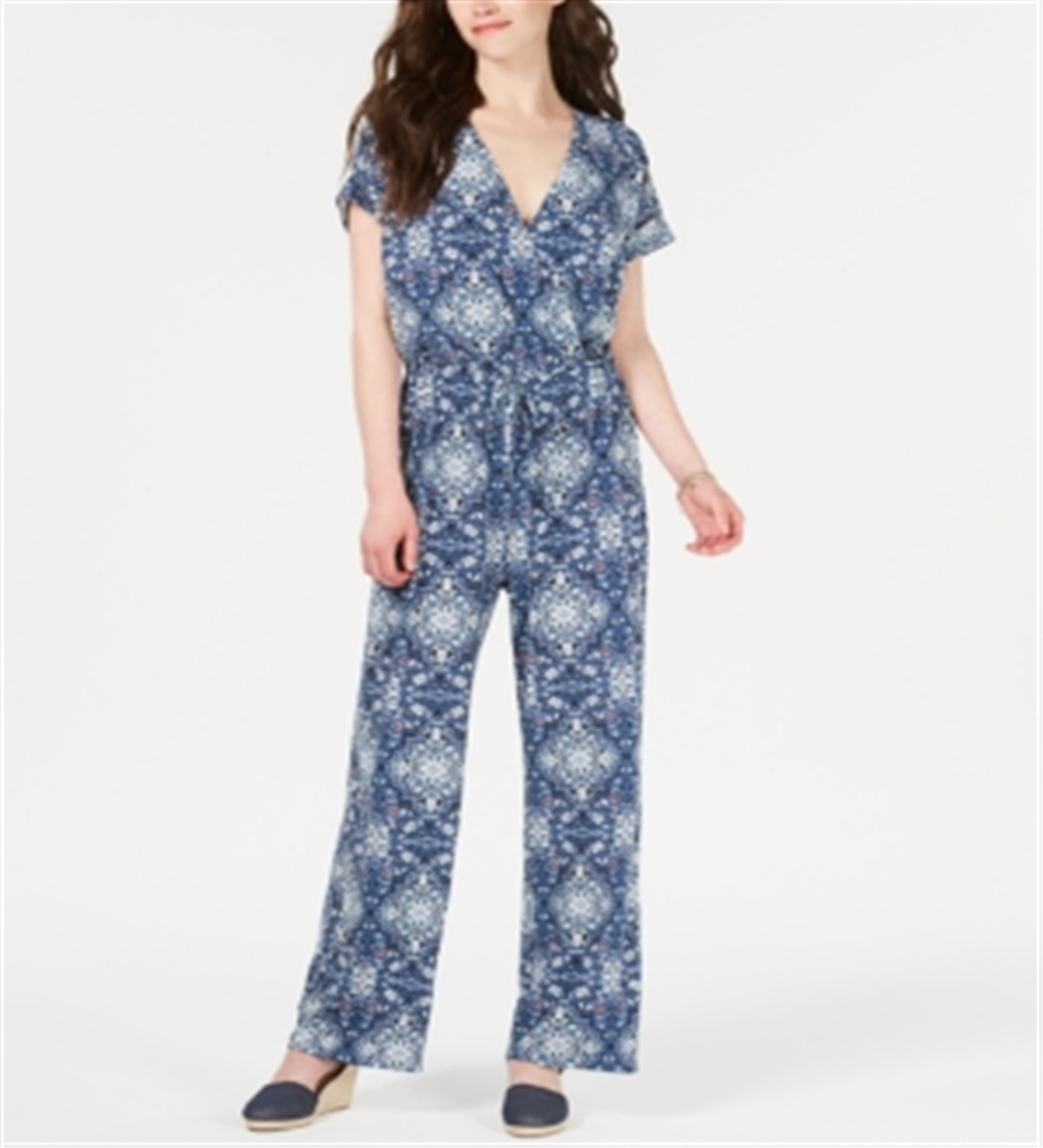 Macacão feminino estilo &amp; co, estampado, manga curta, decote em V, perna reta, azul, tamanho grande
