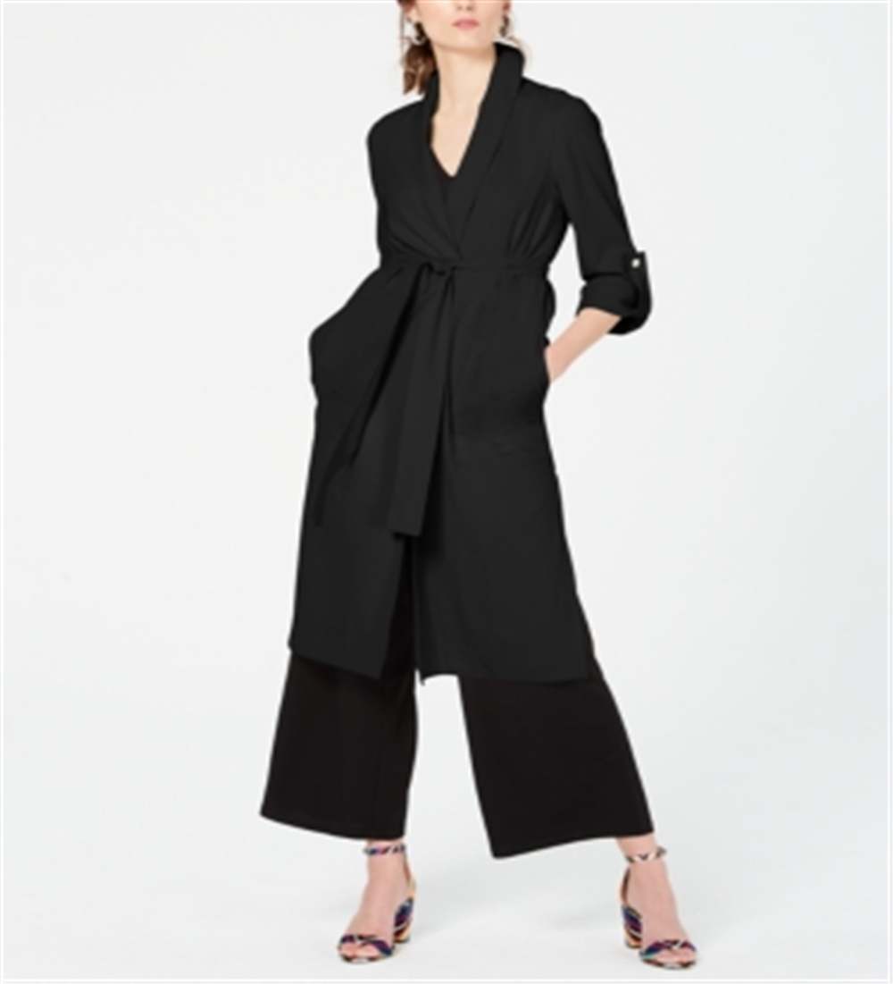 INC International Concepts Casaco longo drapeado com cinto feminino, preto, tamanho M