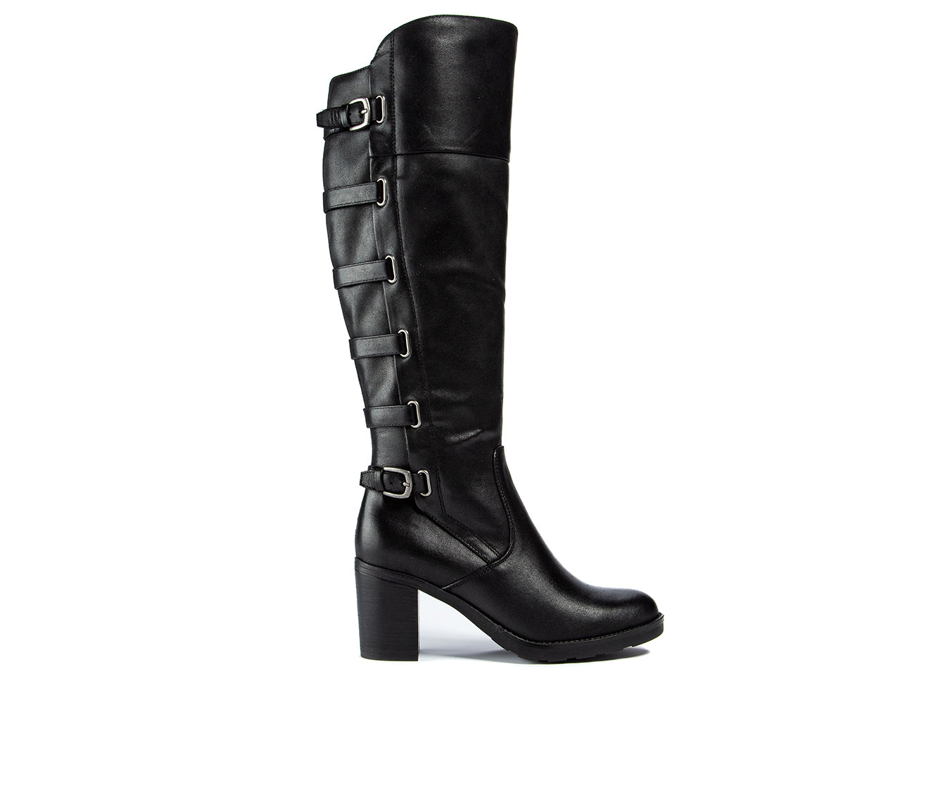 Botas femininas Baretraps com fivela almofadada e tiras Gyllian, bico redondo, salto bloco, zíper, pretas, tamanho 9,5 M