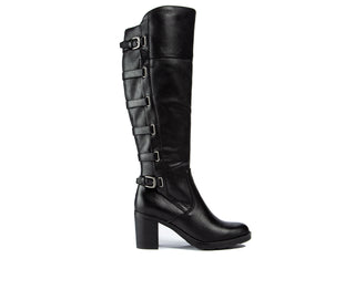 Botas femininas Baretraps com fivela almofadada e tiras Gyllian, bico redondo, salto bloco, zíper, pretas, tamanho 9,5 M