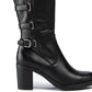 Botas femininas Baretraps com fivela almofadada e tiras Gyllian, bico redondo, salto bloco, zíper, pretas, tamanho 9,5 M