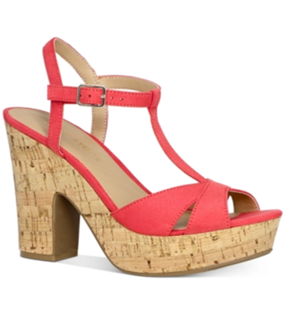 Sun Stone Sapatos femininos Coral 1 com plataforma, alpargatas com tiras em T, acolchoadas, antiderrapantes, salto bloco Jamie, fivela, laranja, tamanho 7,5 M