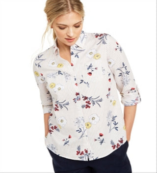 Charter Club Women's Floral Print Button Down Linen Shirt Red Size X-Large