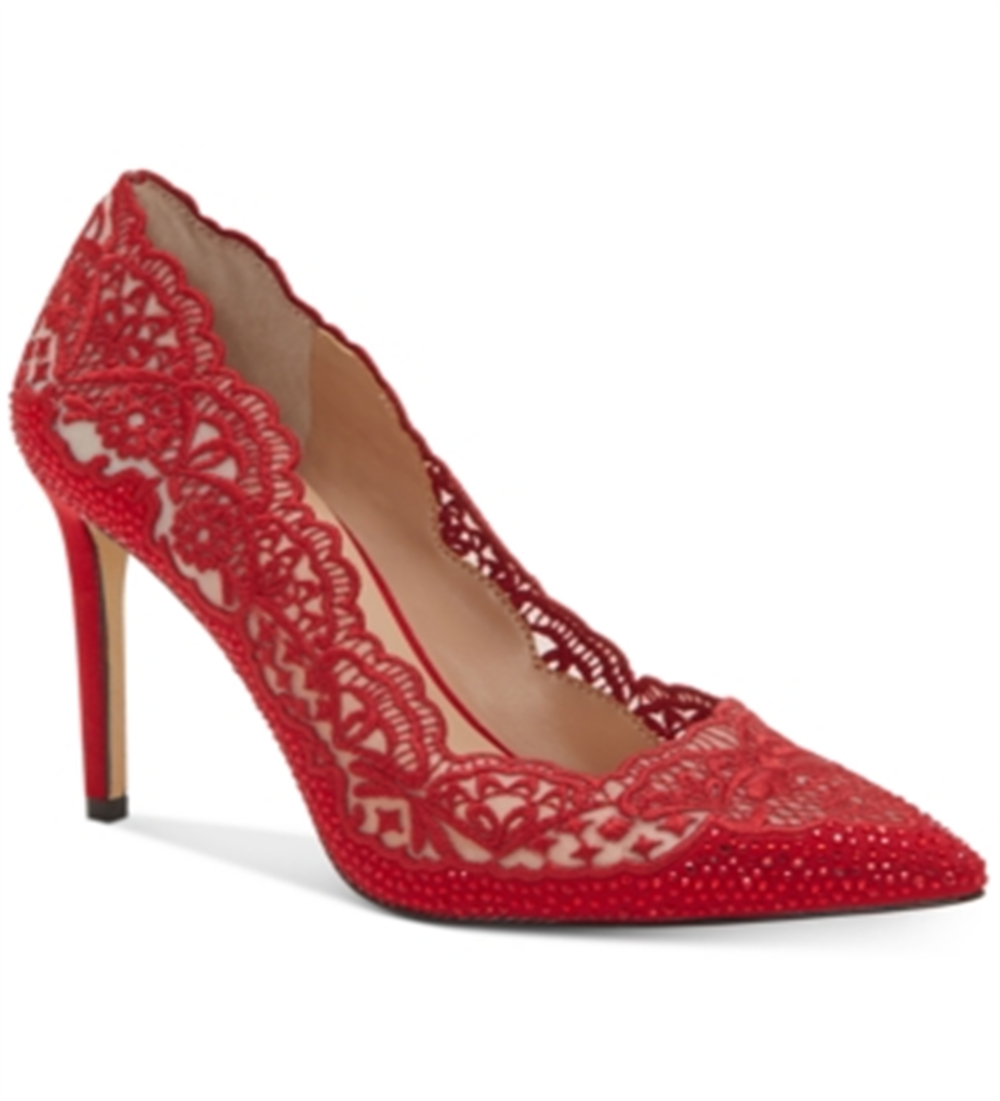 INC Feminino Vermelho Floral Recortado Strass Renda Acolchoado Kyomi Bico Fino Stiletto Slip On Bombas Vermelho Tamanho 8 M