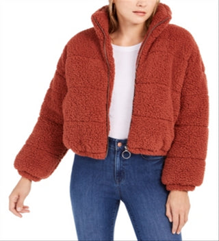 Jaqueta feminina de lã sintética Sherpa Puffer com zíper e pele sintética Kit &amp; Sky, laranja, tamanho grande