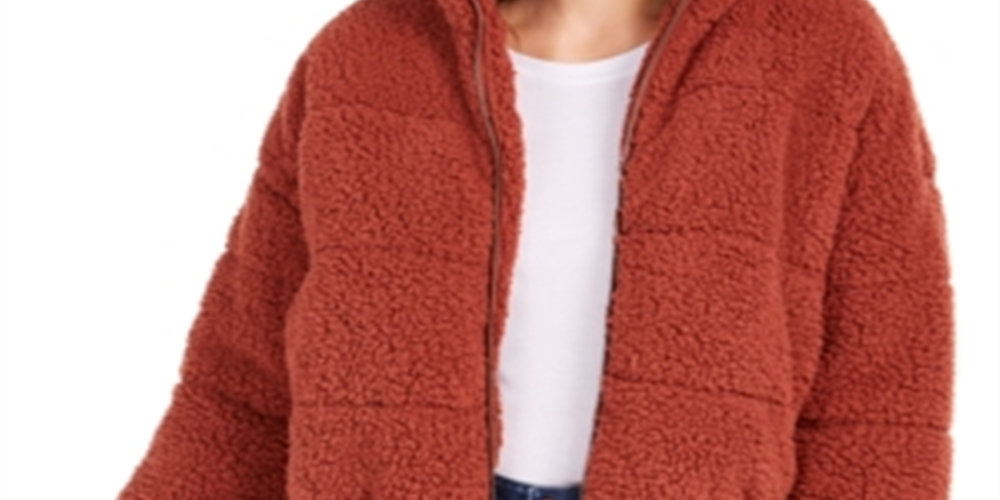 Jaqueta feminina de lã sintética Sherpa Puffer com zíper e pele sintética Kit &amp; Sky, laranja, tamanho grande