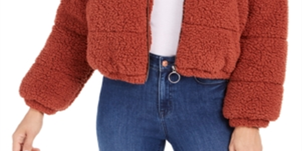 Jaqueta feminina de lã sintética Sherpa Puffer com zíper e pele sintética Kit &amp; Sky, laranja, tamanho grande