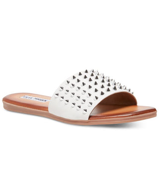 Sandálias femininas Steve Madden em couro com tachas Farryn Sandal, brancas, tamanho 8 M
