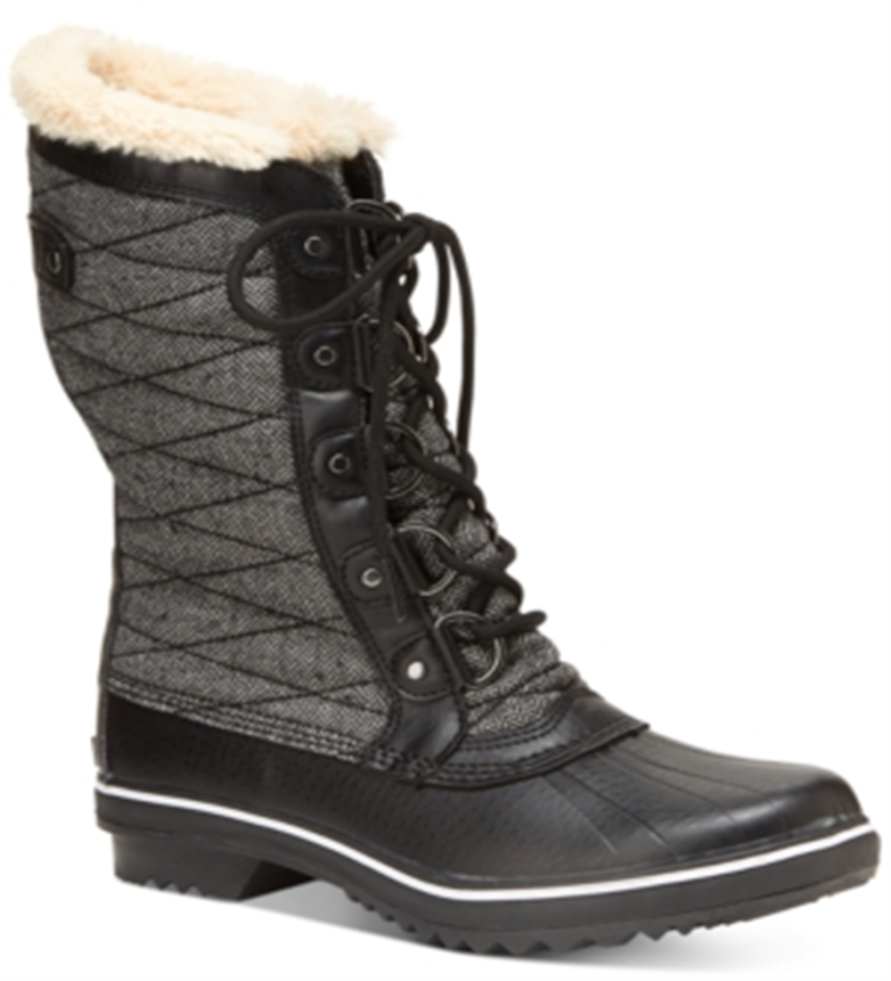 Botas de neve femininas JBU com plataforma, acabamento em pele, resistentes à água, acolchoadas, Lorna, bico redondo, salto bloco, cadarço, pretas, tamanho 8