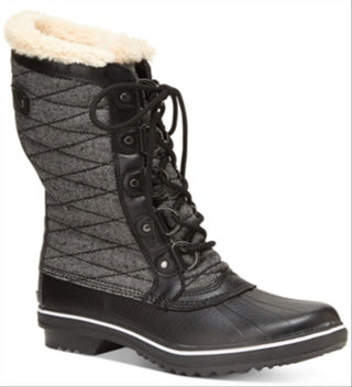 Botas de neve femininas JBU com plataforma, acabamento em pele, resistentes à água, acolchoadas, Lorna, bico redondo, salto bloco, cadarço, pretas, tamanho 8