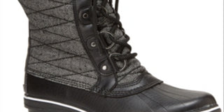 Botas de neve femininas JBU com plataforma, acabamento em pele, resistentes à água, acolchoadas, Lorna, bico redondo, salto bloco, cadarço, pretas, tamanho 8