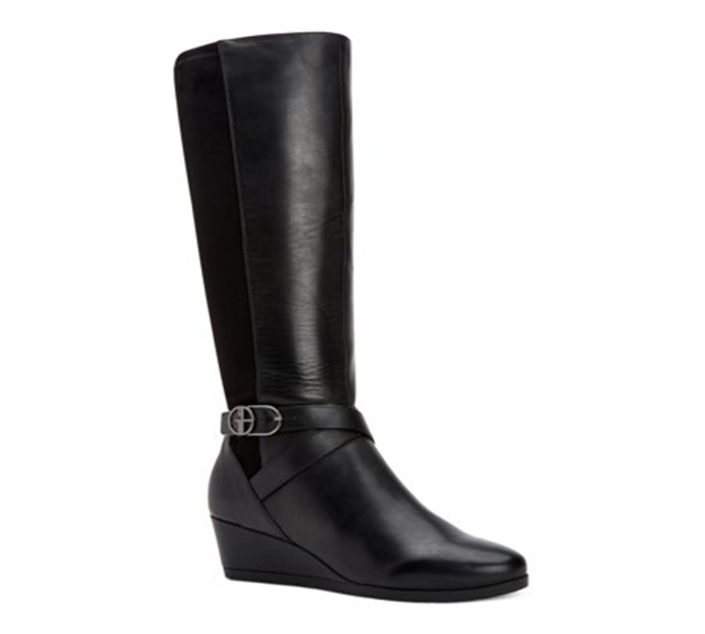 Botas femininas Giani Bernini com salto alto e zíper, bico redondo e fivela, tamanho 5,5 M