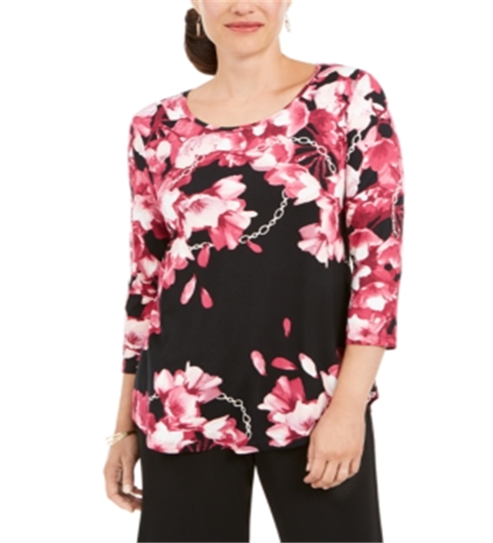 Camiseta feminina manga comprida estampa floral JM Collection preta tamanho pequeno