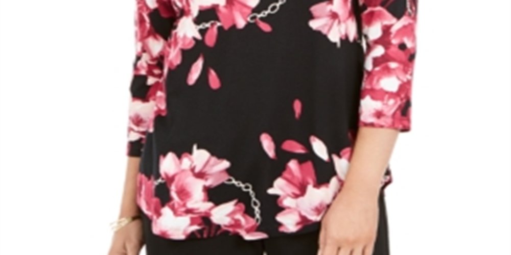 Camiseta feminina manga comprida estampa floral JM Collection preta tamanho pequeno