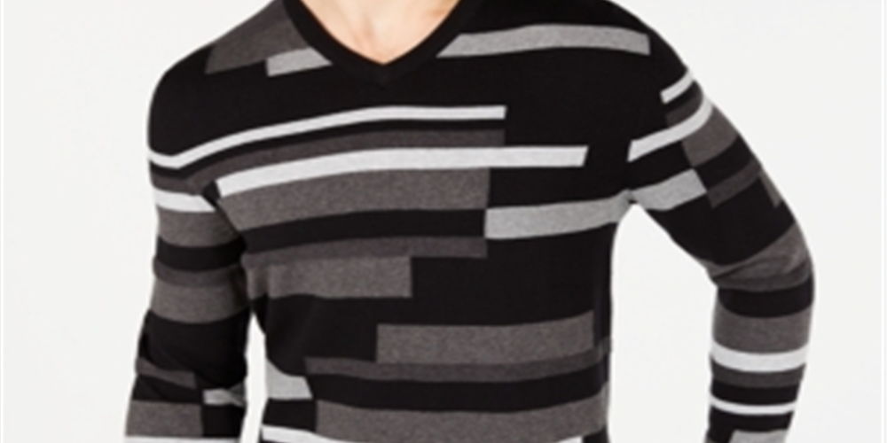 Suéter masculino Alfani texturizado listrado com decote em V, preto, tamanho médio