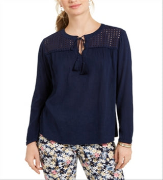 Charter Club Blusa de linho feminina com ilhós e borlas, tamanho extragrande, azul