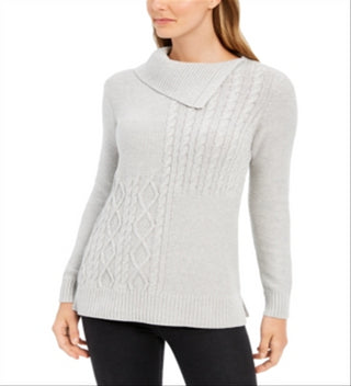 Suéter feminino Charter Club com gola redonda e tricô, tamanho pequeno, cinza
