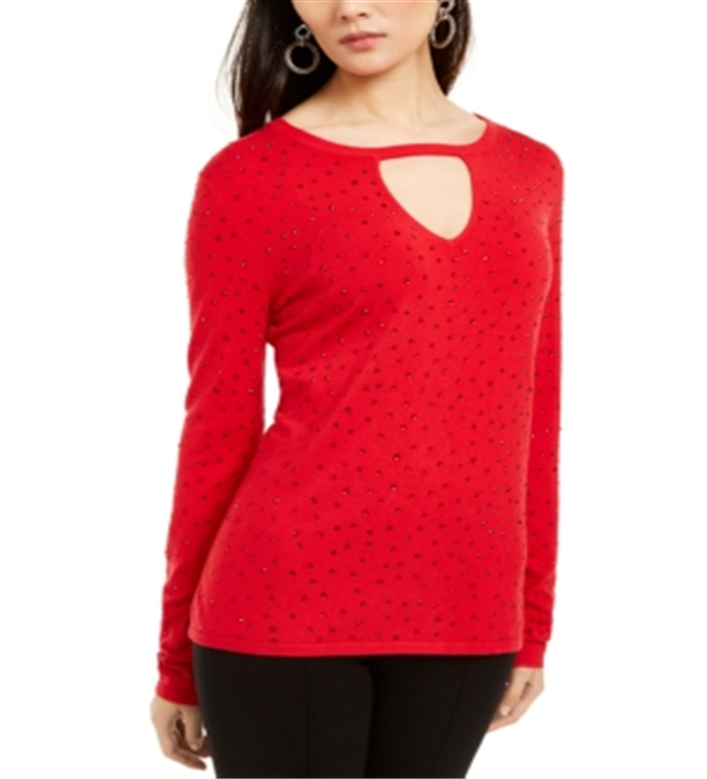 Suéter feminino com decote em V e tachas INC International Concepts, tamanho pequeno, vermelho, médio