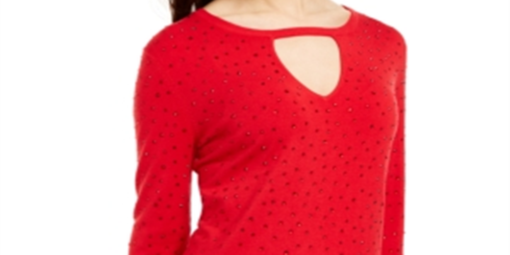 Suéter feminino com decote em V e tachas INC International Concepts, tamanho pequeno, vermelho, médio