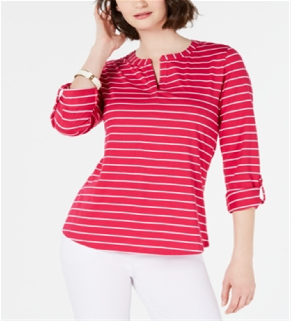 Blusa feminina listrada com decote aberto e manga curta, tamanho grande, rosa, Charter Club