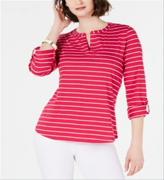 Blusa feminina listrada com decote aberto e manga curta, tamanho grande, rosa, Charter Club