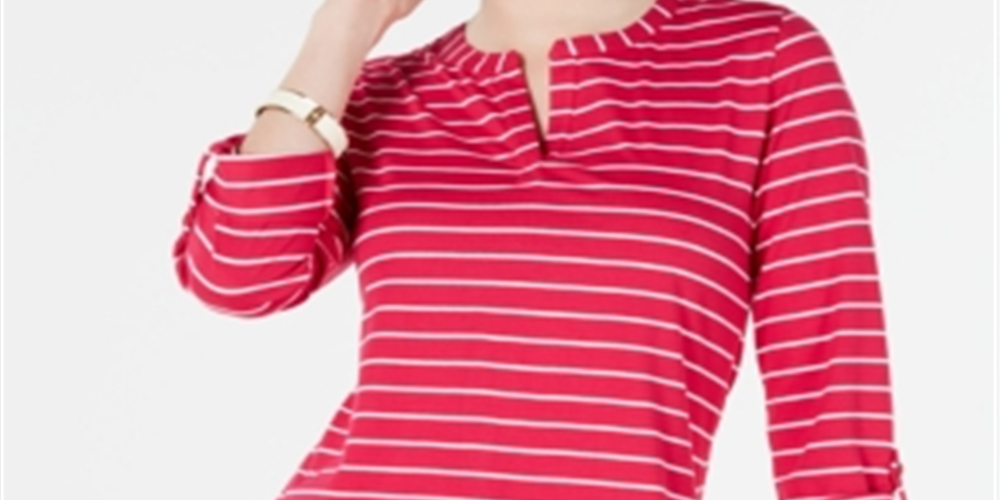 Blusa feminina listrada com decote aberto e manga curta, tamanho grande, rosa, Charter Club