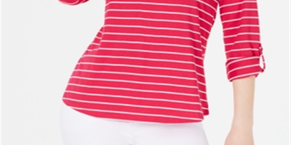 Blusa feminina listrada com decote aberto e manga curta, tamanho grande, rosa, Charter Club