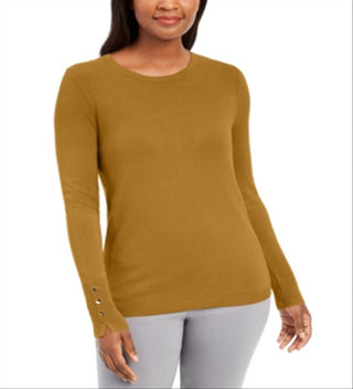 JM Collection Blusa feminina lisa de manga comprida com decote em joia, amarela, tamanho pequeno e pequeno