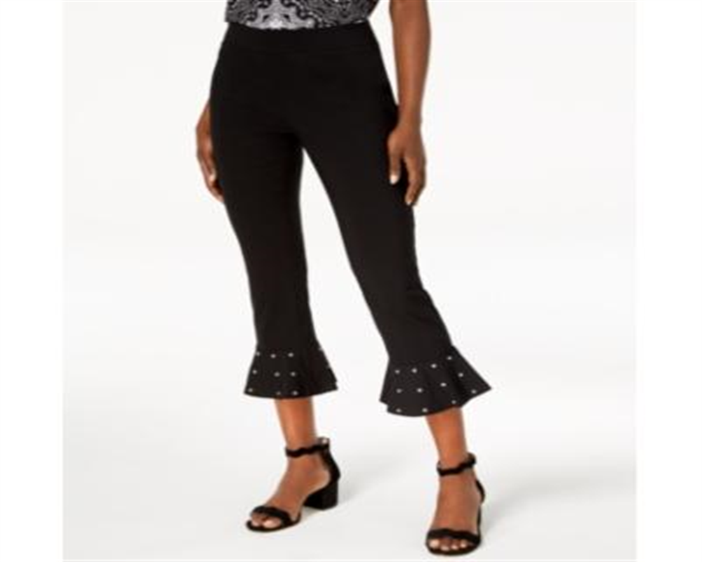 Calça feminina com babados e tachas da INC International Concepts, preta, tamanho 0, pequena
