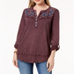 Blusa feminina estilo &amp; co de algodão bordado com mangas curtas e abas, vermelha, tamanho X-S