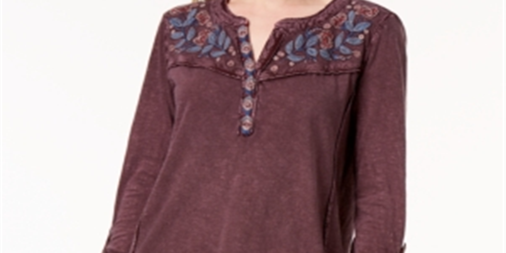Blusa feminina estilo &amp; co de algodão bordado com mangas curtas e abas, vermelha, tamanho X-S