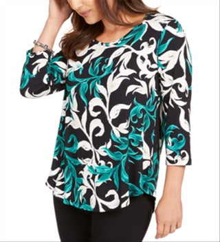 Top estampado com decote redondo feminino JM Collection, verde, tamanho X-S