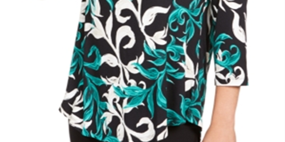 Top estampado com decote redondo feminino JM Collection, verde, tamanho X-S