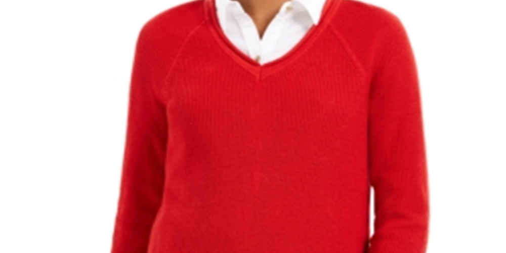 Camiseta feminina lisa de manga comprida com decote em V, tamanho XX-G, vermelha