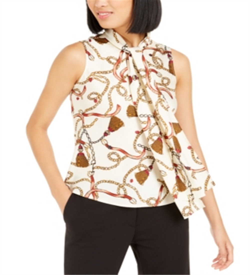 Blusa feminina Bar III estampada com amarração no pescoço, branca, tamanho G