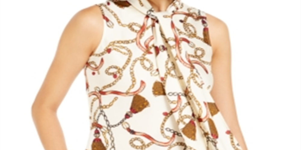 Blusa feminina Bar III estampada com amarração no pescoço, branca, tamanho G