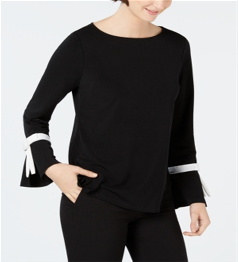 Blusa de crepe feminina Charter Club com manga amarrada, preta, tamanho pequeno