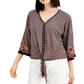 Blusa feminina com estampa abstrata e amarração frontal, azul, tamanho pequeno, da coleção JM