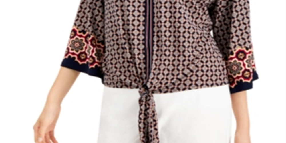 Blusa feminina com estampa abstrata e amarração frontal, azul, tamanho pequeno, da coleção JM