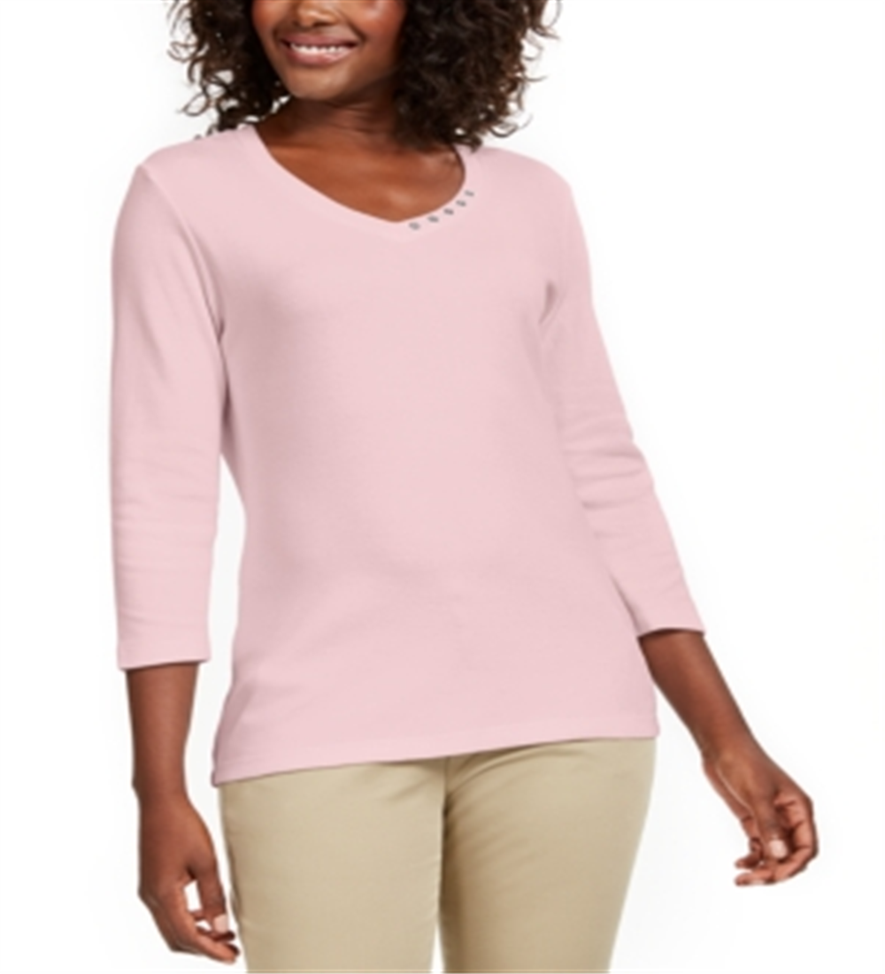 Karen Scott Blusa de algodão com decote em V e ilhós, feminina, rosa, tamanho X-S