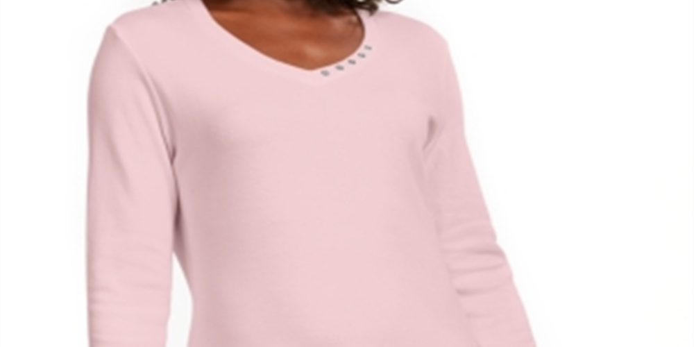 Karen Scott Blusa de algodão com decote em V e ilhós, feminina, rosa, tamanho X-S