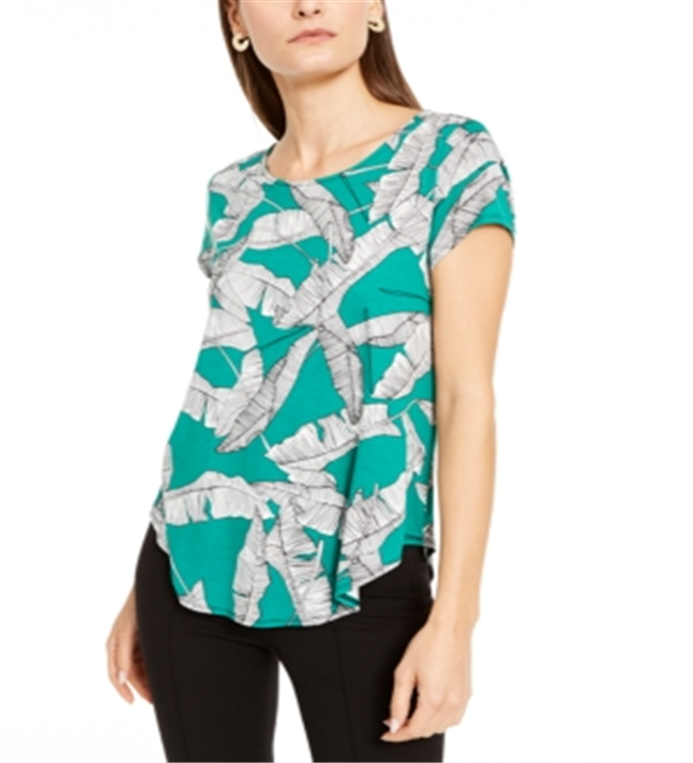 Camiseta feminina Alfani estampada com bainha redonda, verde, tamanho pequeno pequeno