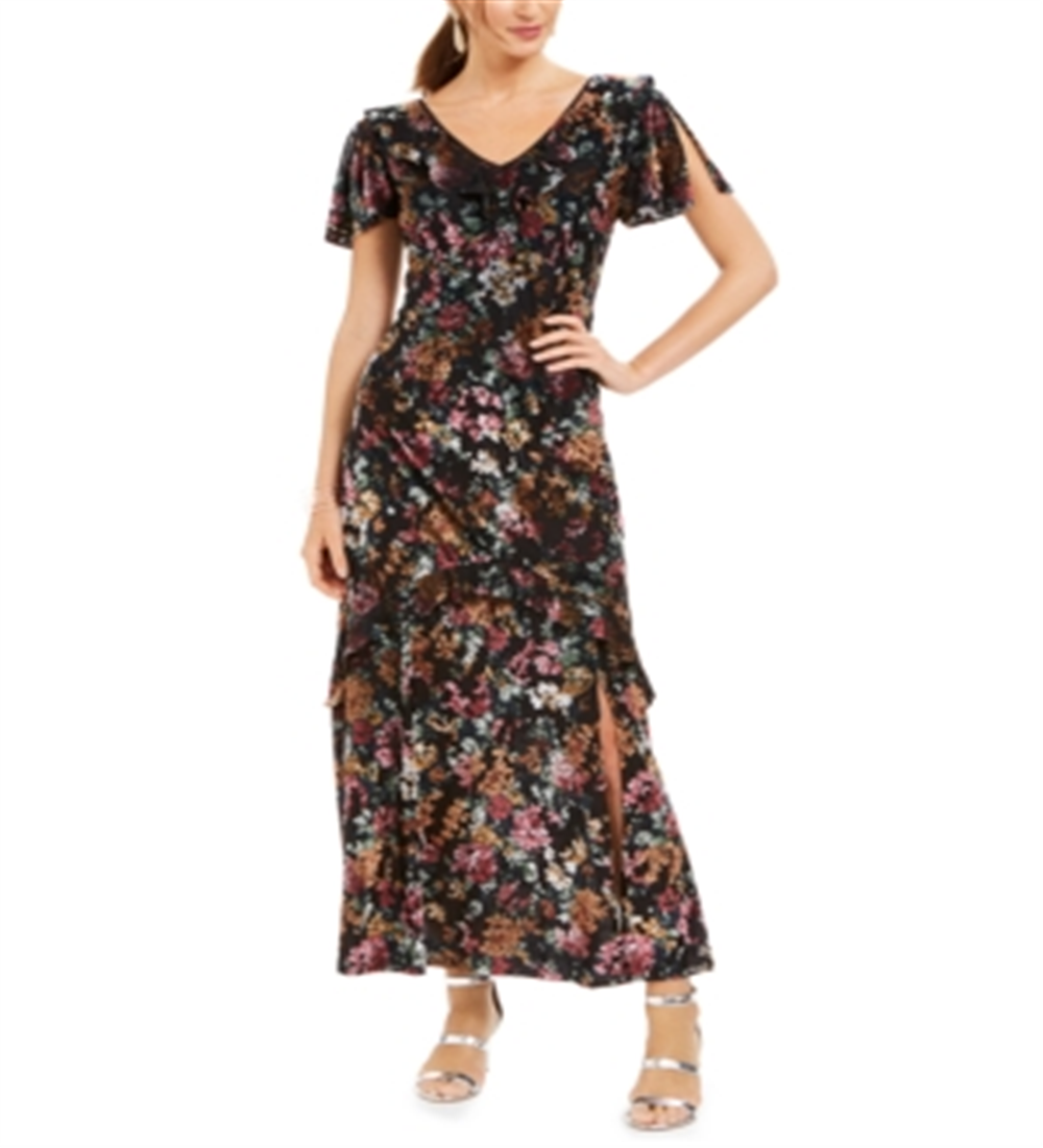 Vestido longo de veludo com estampa floral feminino INC International Concepts, preto, tamanho 16
