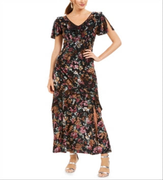 Vestido longo de veludo com estampa floral feminino INC International Concepts, preto, tamanho 16