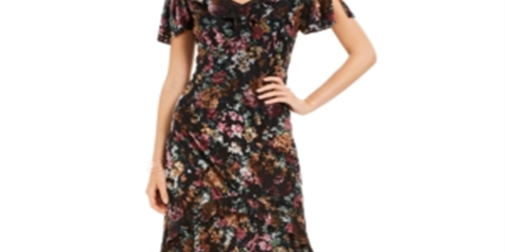 Vestido longo de veludo com estampa floral feminino INC International Concepts, preto, tamanho 16